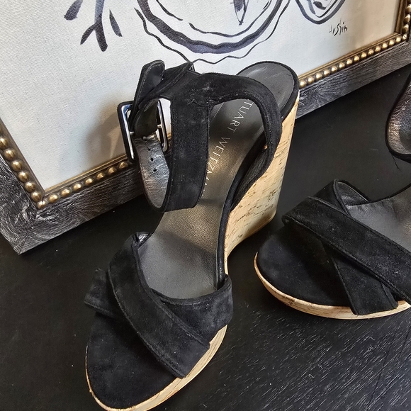 Stuart Weitzman Black Suede Platform Cork Wedge Sandals Size 6 - Picture 4 of 11